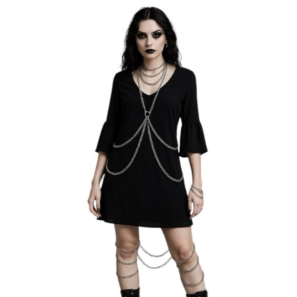 Belongsci Black Whimsigoth Fairy Ruffle Bell Sleeves V-Neck Dress XL - Picture 15 of 15